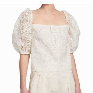 NWT Jonathan Simkhai White Ruby Puff-Sleeve Guipure Lace Top Size Large